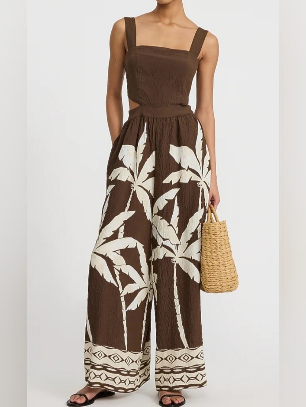 Express Printed Sauare Neck Side Cutout Wide Leg Jumpsuit with Pockets